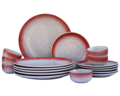 Handcrafted Ceramic Stoneware Dinner Set Of 18 - Off White & Red | 6 Dinner Plates, 10 Inch Each+ 6 Small Plates, 7 Inch Each + 6 Small Dinner Bowls, 180ml Each | Microwave & Dishwasher Safe