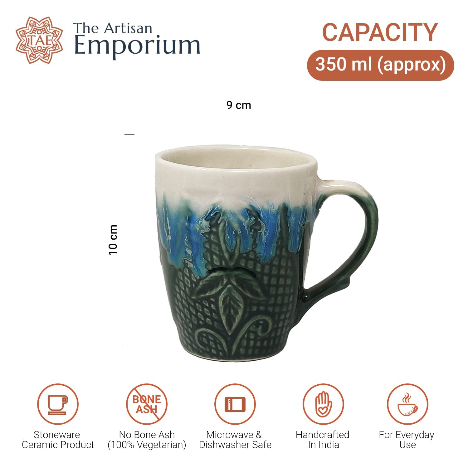 Handcrafted Charcoal Ice Burst Carved Ceramic Coffee Mug Set Of 2 - 350ml Each | Ceramic Mugs For Coffee, Tea, Milk - Microwave Safe & Dishwasher Safe