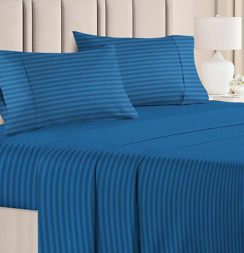 Double Bedsheets With 2 King Size Pillow Covers - King Size 90 x 100 Inches - Blue | All Around Elastic 210 TC Super Soft Striped Pattern Breathable
