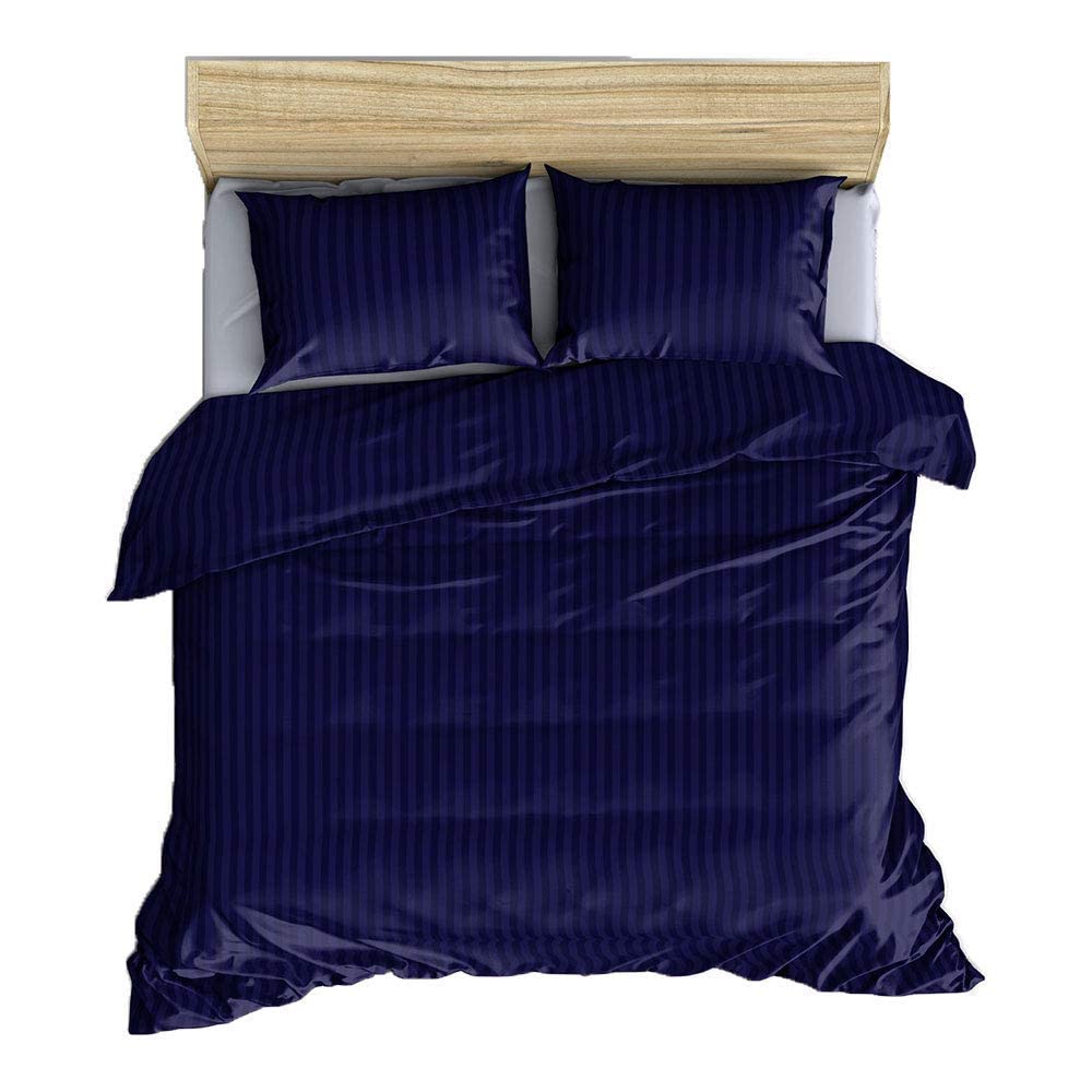 Plain Double Bedsheet For Queen Size With 2 Pillow Cover - 60 X 78 Inches, Blue | Satin Stripes All Around Elastic Fitted Bedsheet | Light Weight & Breathable