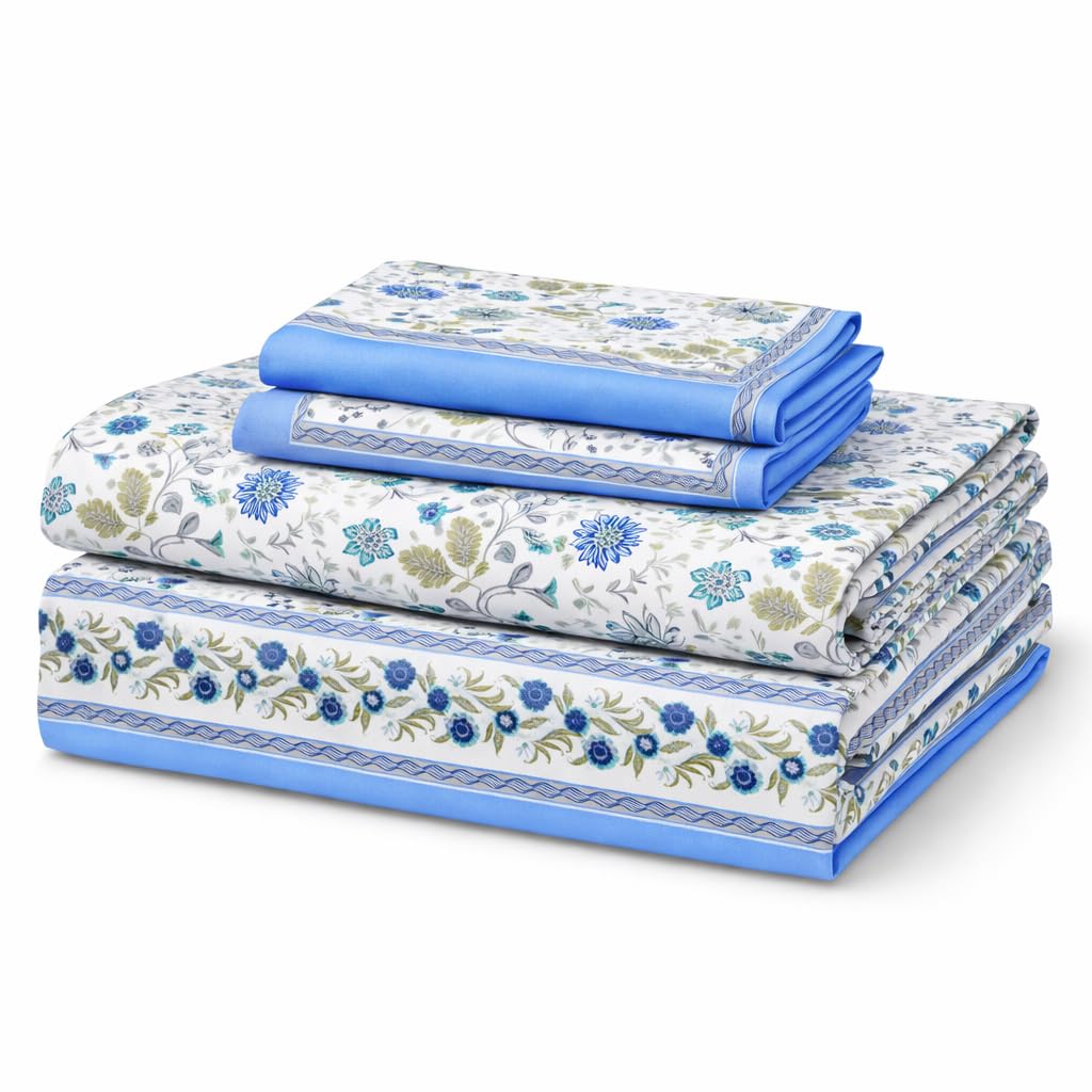 Jaipuri Cotton Bedsheet For King Size With 2 Pillow Covers | 93 X 108 Inches, Blue & White | Ultra-Soft & Skin-Safe | Breathable Summer Comfort