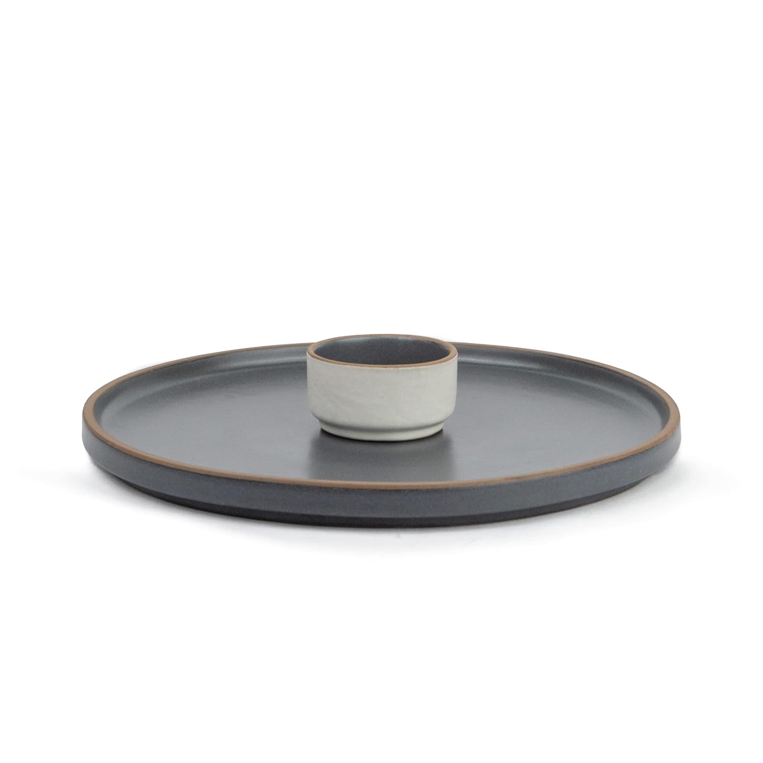 Large Round Ceramic Serving Platter, Grey - 1 Platter + 1 Dip Bowl, 75ml Japandi Series | Big Serving Plate Set With Matte Finish - Platters Serving Set | Ceramic Round Platter - Microwave Safe