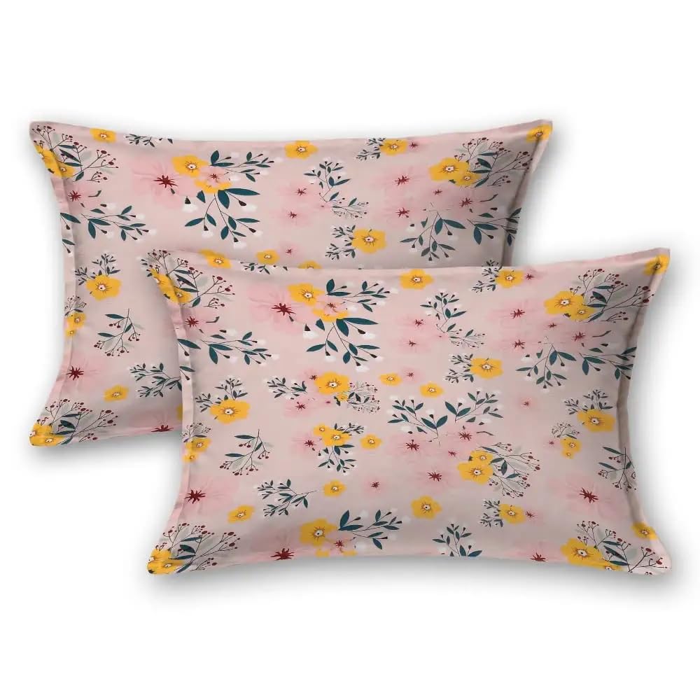 1 Double Bedsheet For King Size With 2 Large Size Pillow Covers - 108 X 108 Inches, Peach & Yellow | Light Weight, Suitable For All Seasons & Easy To Wash