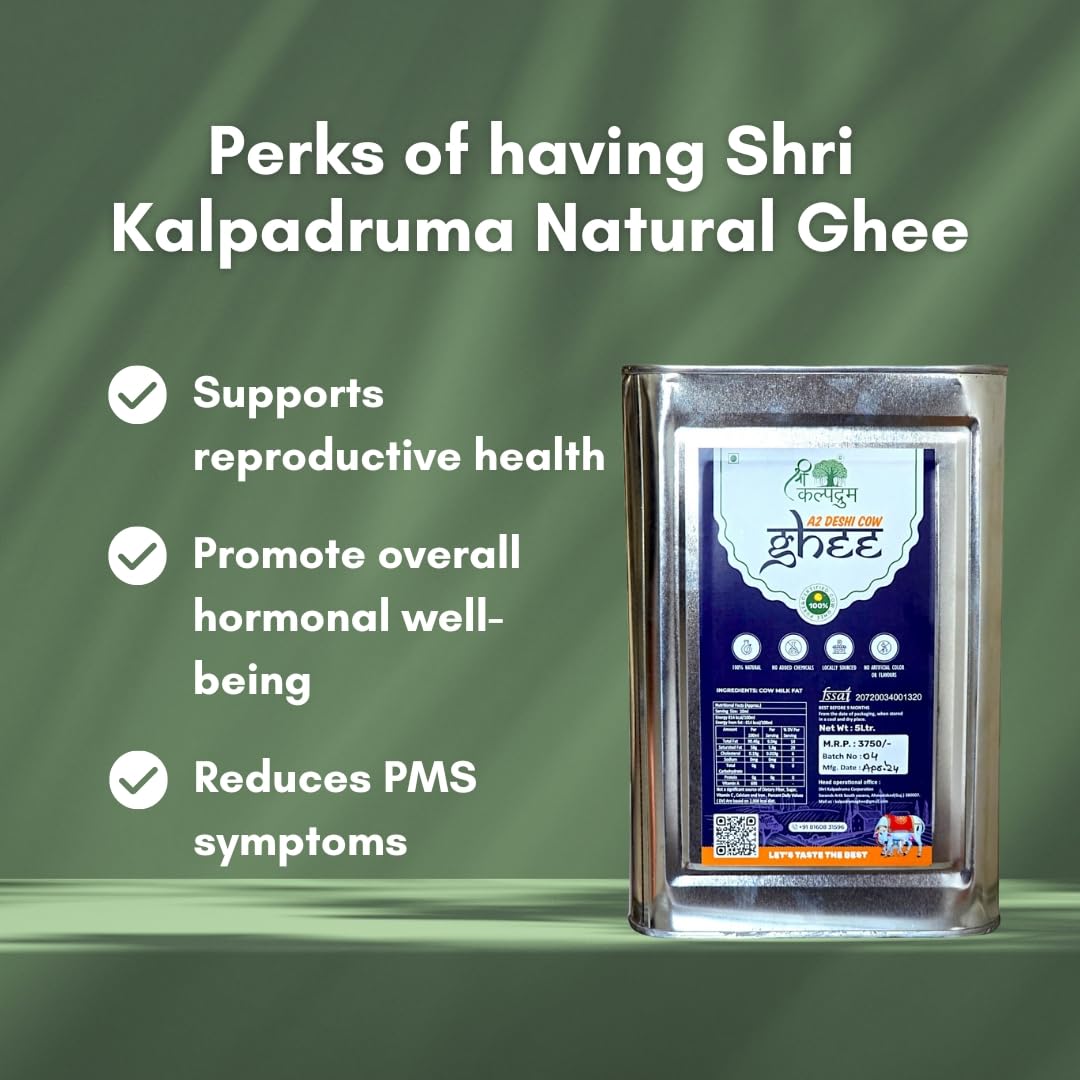 100% Natural Cow Ghee By Shri Kalpadruma | Rich In Vitamin A & Healthy Nutrients Desi Ghee Perfect For Sweets | (5 Litr) 169.0 Ounce | Tin Pack
