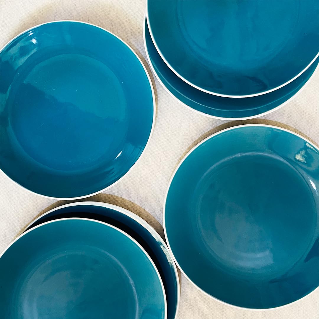 Retro Green Handcrafted Ceramic Dinner Set - 12 Pieces | 6 Dinner Plates + 6 Katori Bowls, 180ml Each Dinnerware Set | Serving For 6, Microwave Safe & Dishwasher Safe