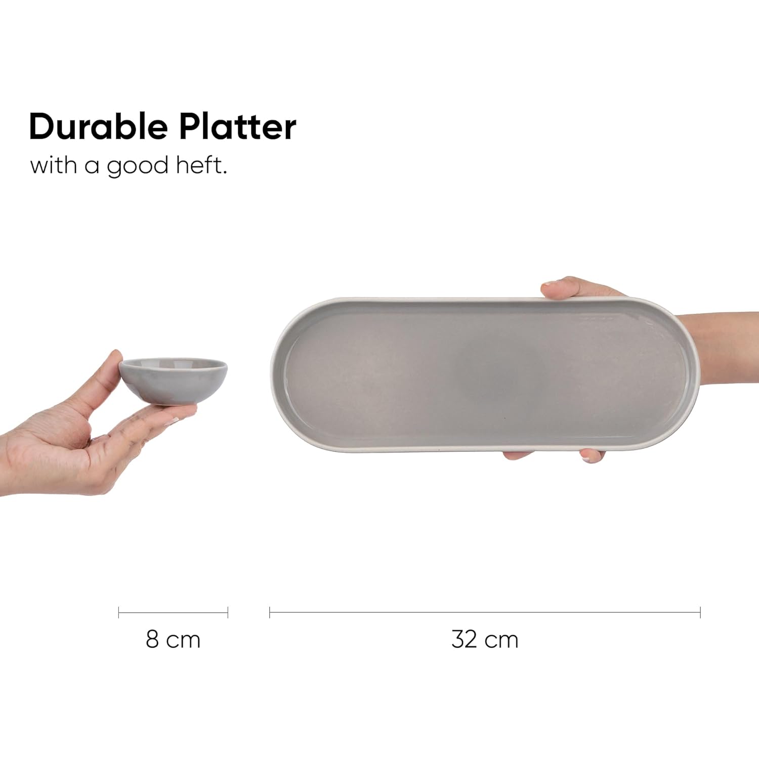 Large Oblong Ceramic Serving Platter, Grey Oblong Modern Series | Big Serving Plate Set - Platters Serving Set | Snacks Serving Plates - 1 Serving Platter + 1 Dip Bowl