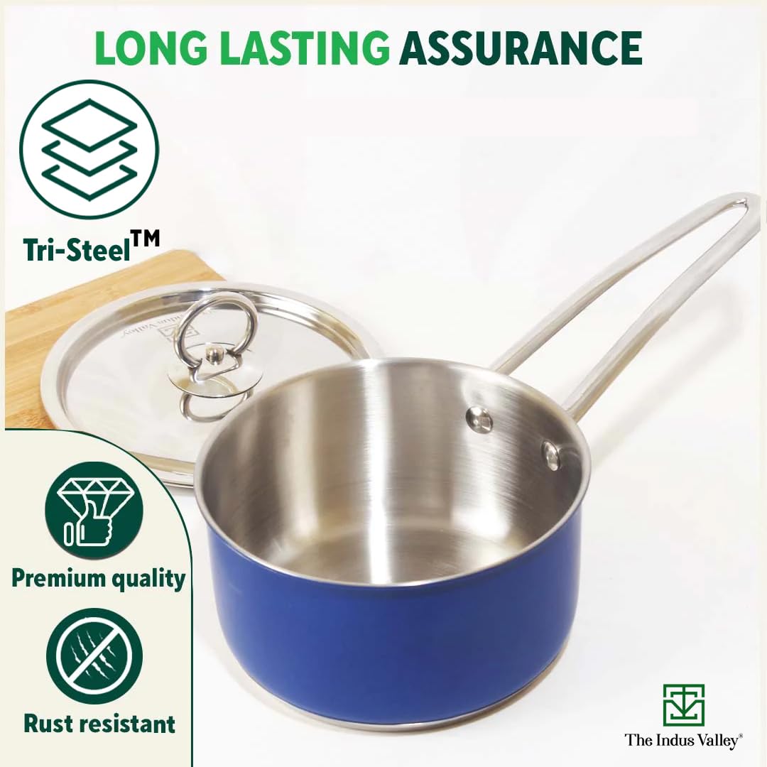 Coloured Stainless Steel Sauce Pan Or Milk Pan With Steel Lid - Small 18.7cm, 7.4 Inch, 1.4 Ltr, 1 Kg | Induction Friendly, Nonstick 3-Layer Bottom, 100% Pure & Toxin-Free