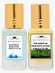 Menjewell Aqua Fresh Blue + The Scent Of Rain Mitti Attar Perfume 5ml 0.17 Fl.oz. Each Pack Of 2 | Unisex Fragrance | Long Lasting