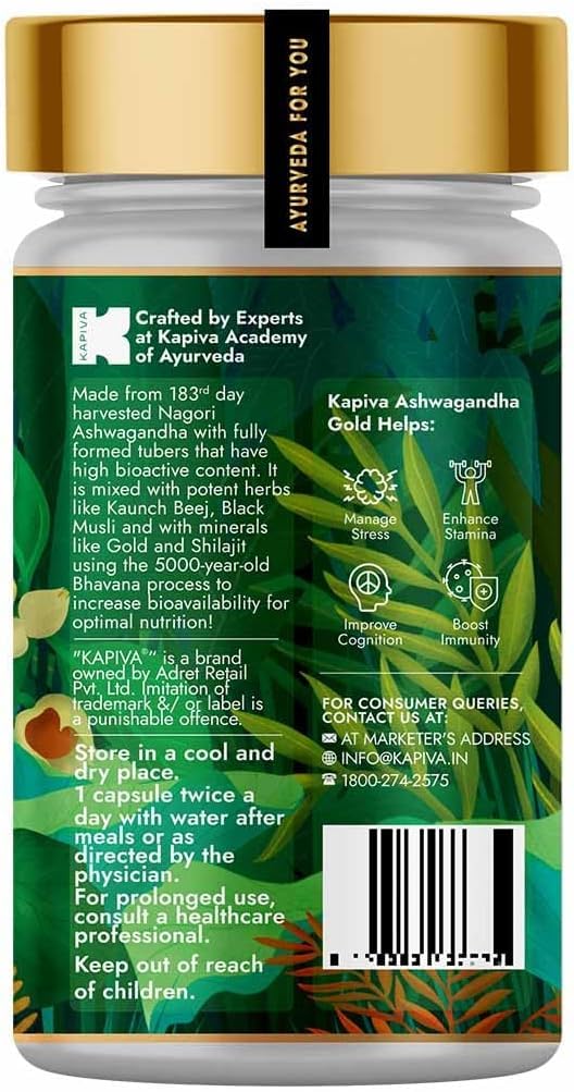 Kapiva Ashwagandha Gold Capsules, 183rd Day Harvested Potent Nagori Ashwagandha With Gold, Shilajit | Helps In Stress Management, Improve Energy & Stamina | For Unisex, 60 Capsules 100gm 0.2lbs