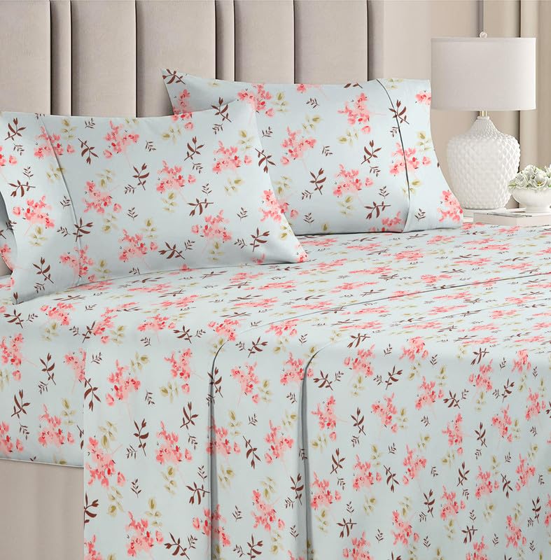 Pure Cotton Double Bedsheets With 2 Matching Pillow Covers - Aqua & Pink | Size 86 X 90 Inches - Bedsheet Breathable & Comfortable | Great Gift Idea For Festivals