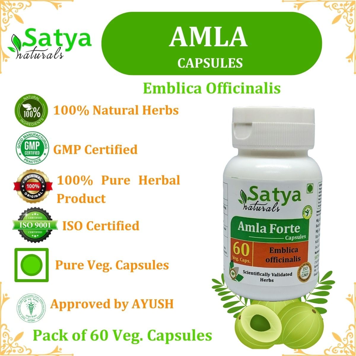 Satya Naturals Emblica Officinalis Amla, Amalaki Extract Capsules Highest Potency, 100% Herbal Product | 500mg 60 Veg Capsules 100gm 0.2lbs