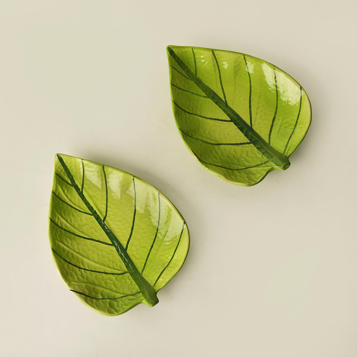 Handcrafted Ceramic Leaf Shaped Platter Set Of 2 - Light Green, L X B: 18 Cm X 14 Cm | Snacks Serving Tray - Dry Fruits Serving Plates