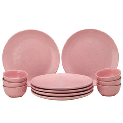 Hand Painted Ceramic Dinner Set Of 12 Pieces Dinnerware Set - Blush Pink | Set Of 6 Dinner Plates + 6 Small Dinner Bowl, 180ml Each - Microwave & Dishwasher Safe