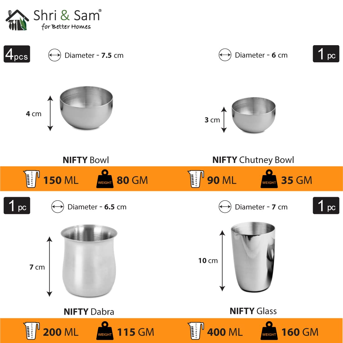 Stainless Steel Solid Small Nifty Thali Set Of 10 Pieces, Silver | 1 Full Plate+ 1 Quarter Plate+ 4 Bowls+ 1 Chutney Bowl+ 1 Glass+ 1 Dabra+ 1 Dessert Spoon