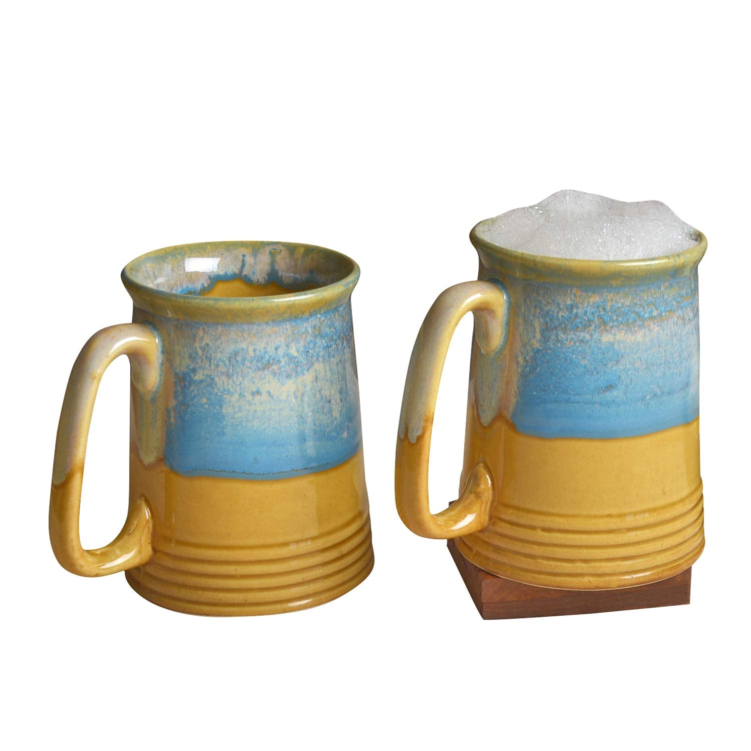 Dual Glazed Studio Pottery Ceramic Beer Mugs Set Of 2 - 650ml Each, Mustard Yellow & Teal | Milk Mugs - Coffee Mugs