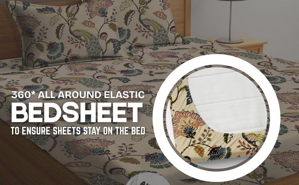 Feel Glace Cotton Bedsheets All Around Elastic Fitted Floral Bedsheets Queen Size - 60 X 78 Inches, Beige | Super Soft Fitted Bedsheet For Double Bed