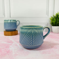 Icy Blue Leaf Embossed Ceramic Coffee Mug Set Of 2 Pieces - 330ml Each | Ceramic Mugs For Coffee, Tea, Milk - Microwave Safe & Leak Proof