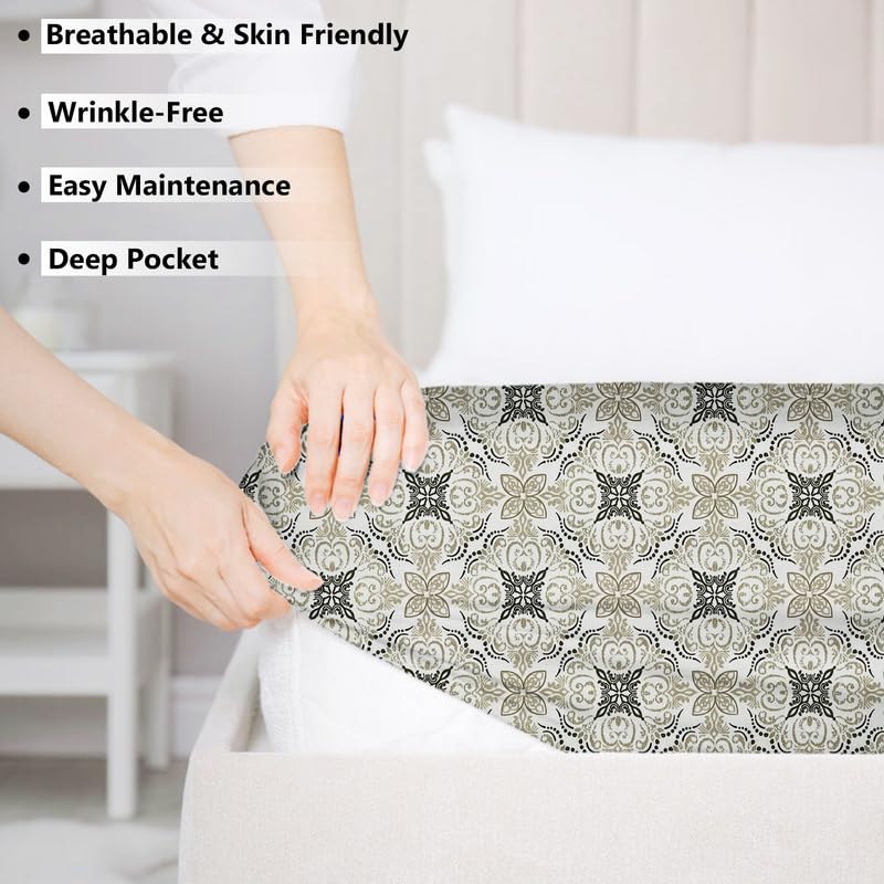 Cotton Elastic Fitted Bedsheets With 2 King Size Pillow Covers | King Size 72x78+10 Inches, Grey & White - Double Bed With All Around Elastic Super Soft