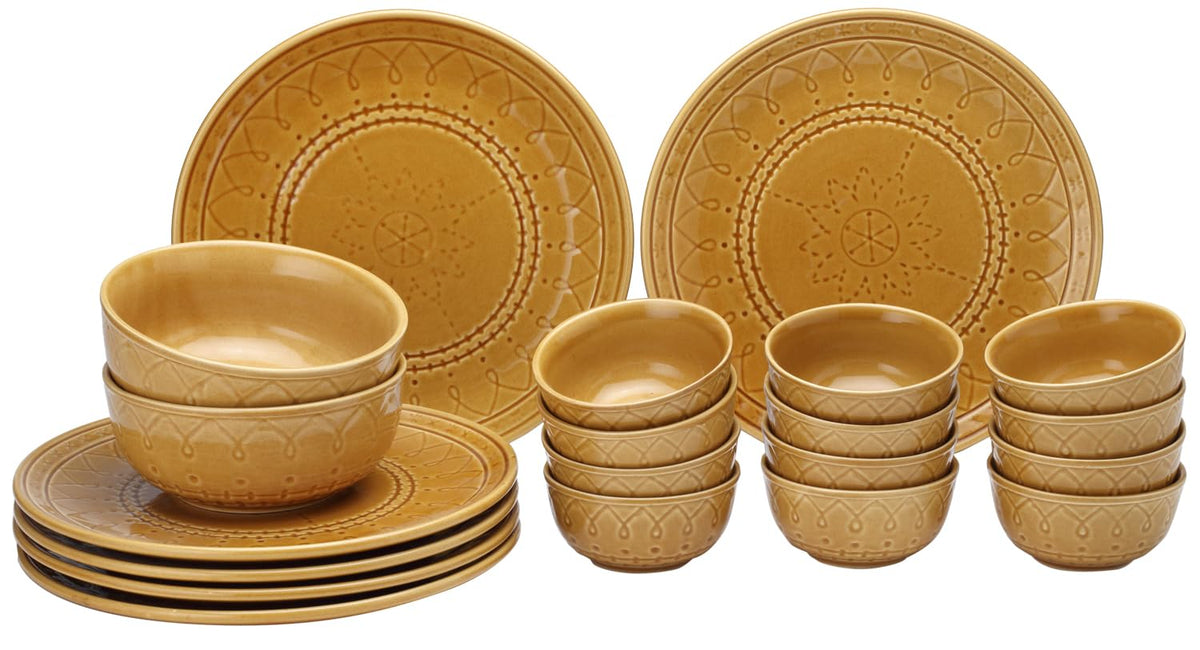 Handcrafted Stoneware Embossed Ceramic Dinner Set Of 20 Pcs With Serving Bowls Set - Golden Brown | 6 Dinner Plates+ 12 Small Dinner Bowls, 180ml Each+ 2 Serving Bowl, 1000ml Each | Serving For 6