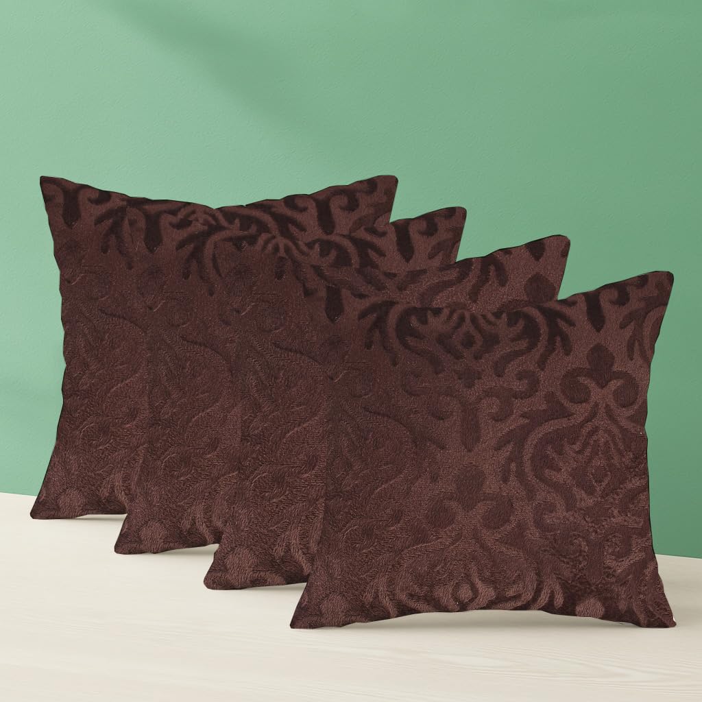 Microfiber Square Pillow Cushion For Sofa & Bed, Coffee - 24 X 24 Inch | Soft, Fluffy For Comfort & Back Support | Breathable, Washable | Premium Velvet Outer Cover With Zip - Set Of 4