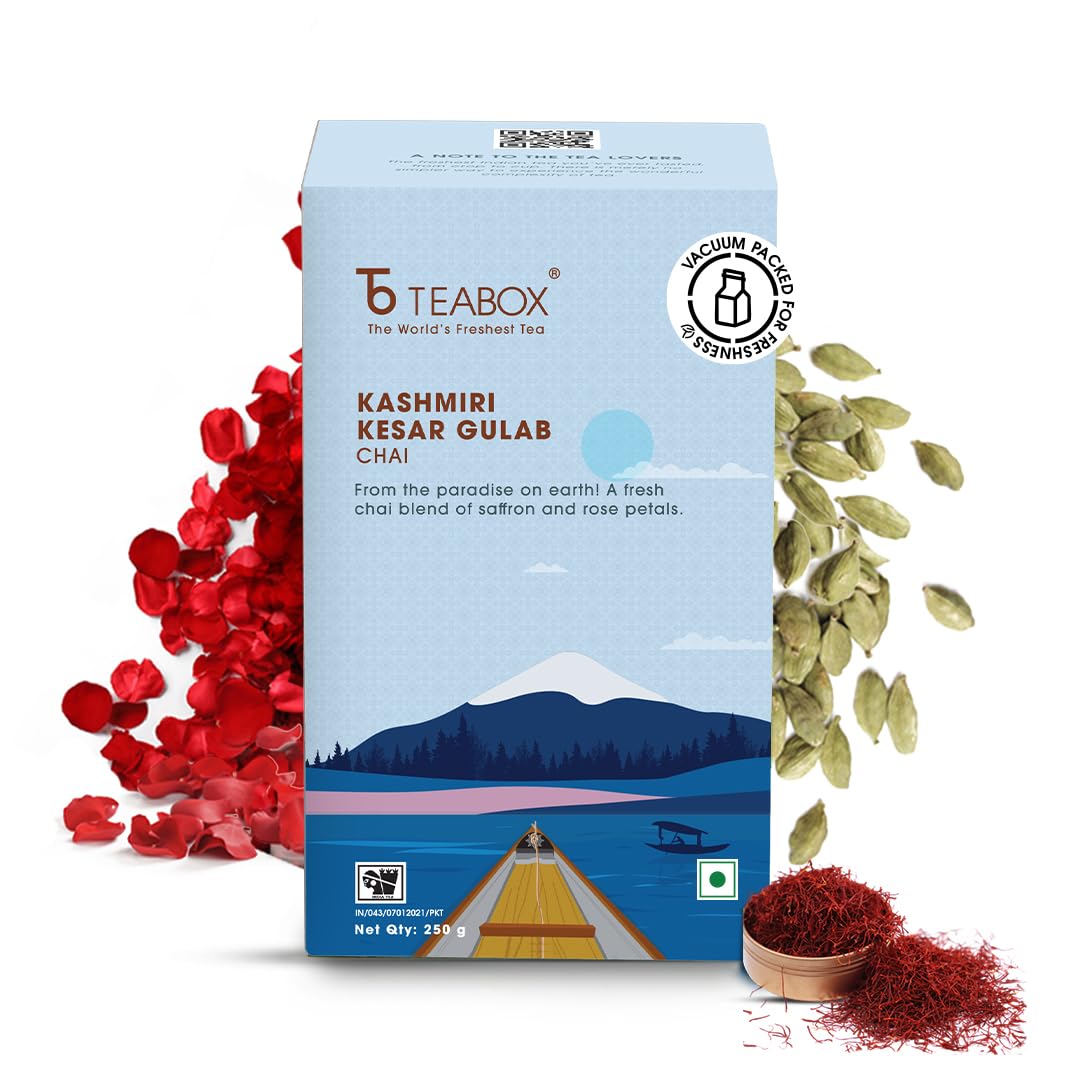 Teabox Kashmiri Kesar Gulab Chai Tea - 250gm, 8.8 Ounce | Mixed With The World'S Rarest Saffron & Light Scented Roses - From The Everlasting Beauty Of The Kashmir Valley | Medium Caffeine