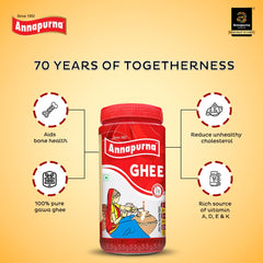 Pure A2 Desi Ghee By Annapurna | High In Protein Fiber & Nutrients Healthy Desi Ghee Good For laddus | (500ml) 16.9 Ounce | Jar Pack