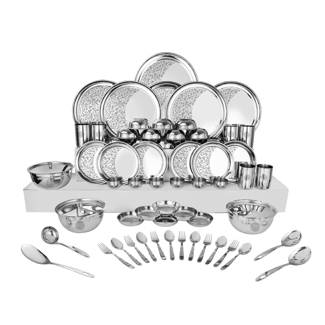 Designer Stainless Steel Leaves Shagun Laser Bloom Dinner Set Of 68 Pieces, Silver | Easy To Clean & Dishwasher Safe
