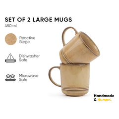 Large Ceramic Coffee Mug Set Of 2 - Reactive Beige, 400ml Each | Ceramic Mug With Glossy Finish - Mug For Coffee | Ceramic Coffee Mug - Porcelain Coffee Cup | Microwave Safe