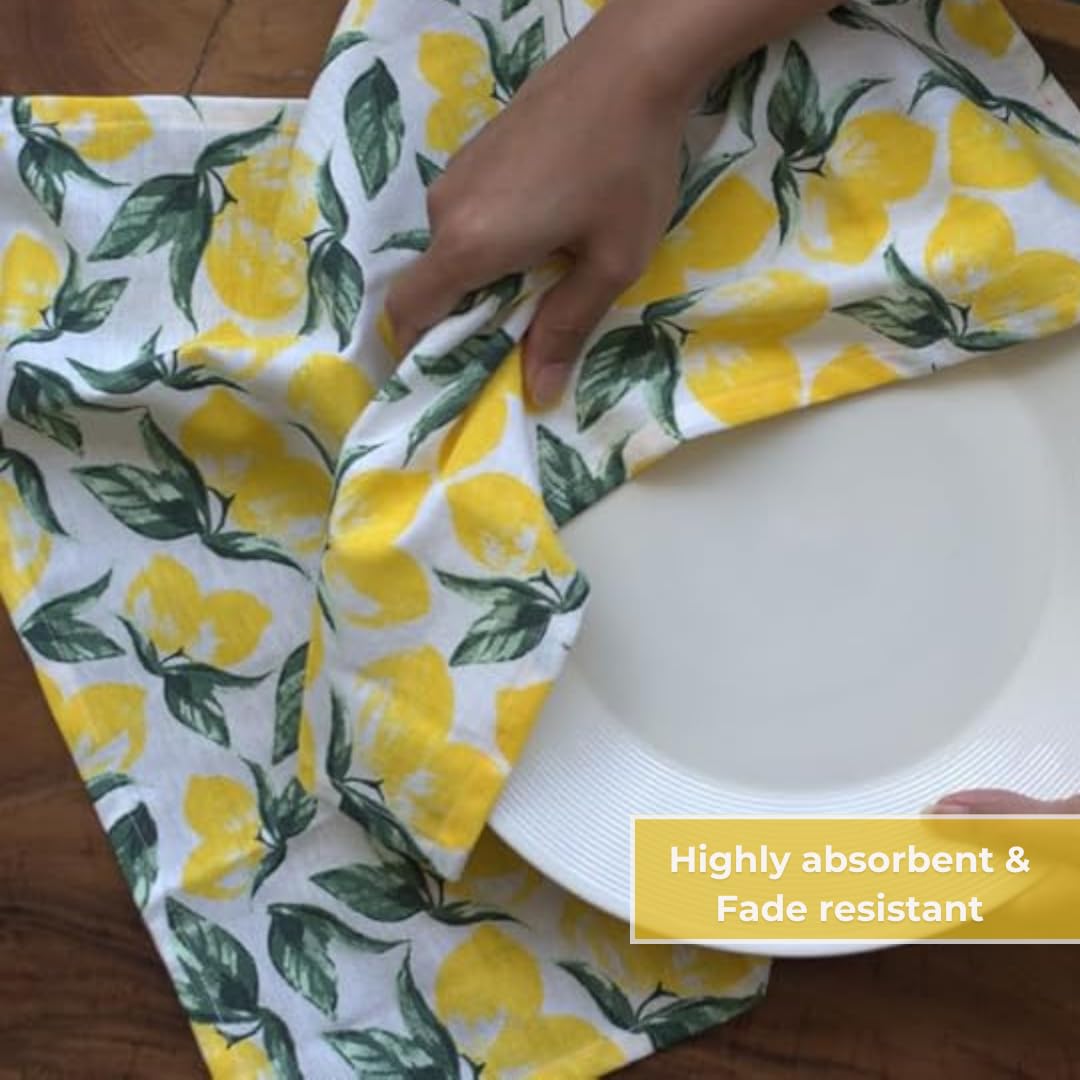 Oak & Lily 100% Cotton Kitchen Napkins Dish Towels 350 Gsm | Premium European Quality Washable, Large Size Kitchen Cloth For Roti, Cleaning, Drying | Lemon Yellow Print (Set Of 3)