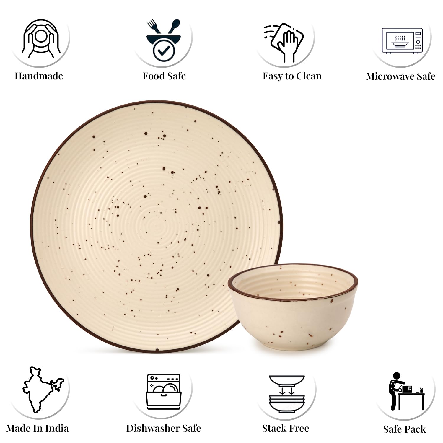Handcrafted Ceramic Solid Dinner Set Of 12 - Beige | 6 Serving Dinner Plates, 10.6 Inch Each + 6 Small Dinner Bowls, 180ml Each | Stoneware - Dinnerware | Microwave & Dishwasher Safe