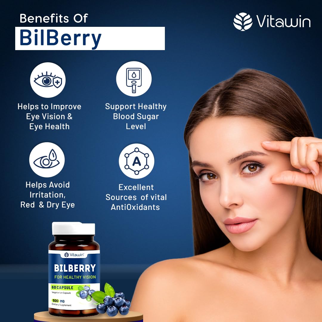 Vitawin Bilberry For Healthy Vision & Eye Care, Ultimate Health & Nutrition Supplements, Helps To Support Healthy Eye Function 500mg | 60 Veg Capsules 100gm 0.2lbs