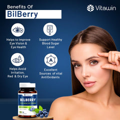 Vitawin Bilberry For Healthy Vision & Eye Care, Ultimate Health & Nutrition Supplements, Helps To Support Healthy Eye Function 500mg | 60 Veg Capsules 100gm 0.2lbs