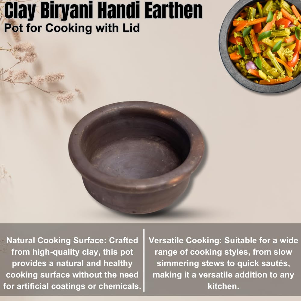 Black Clay Pot For Cooking & Serving With Lid - Unglazed Clay Mud Handi Mitti Ke Bartan With Mirror Shine, 1.5 Liters