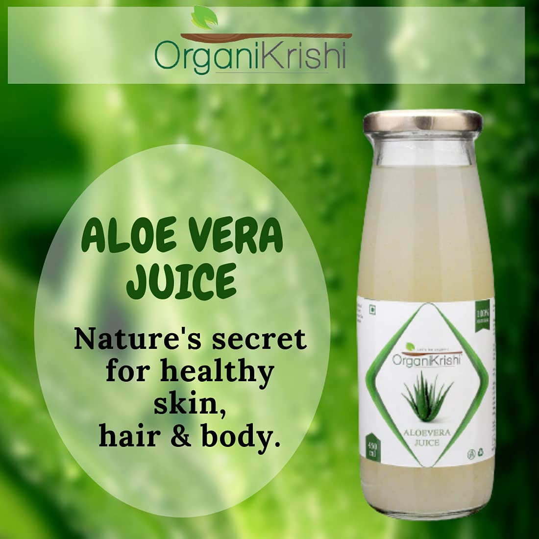 Organikrishi Aloe Vera Juice With Pulp In Glass Bottle, Barbadensis Miller Variety, No Added Sugar | 450ml 0.9lbs