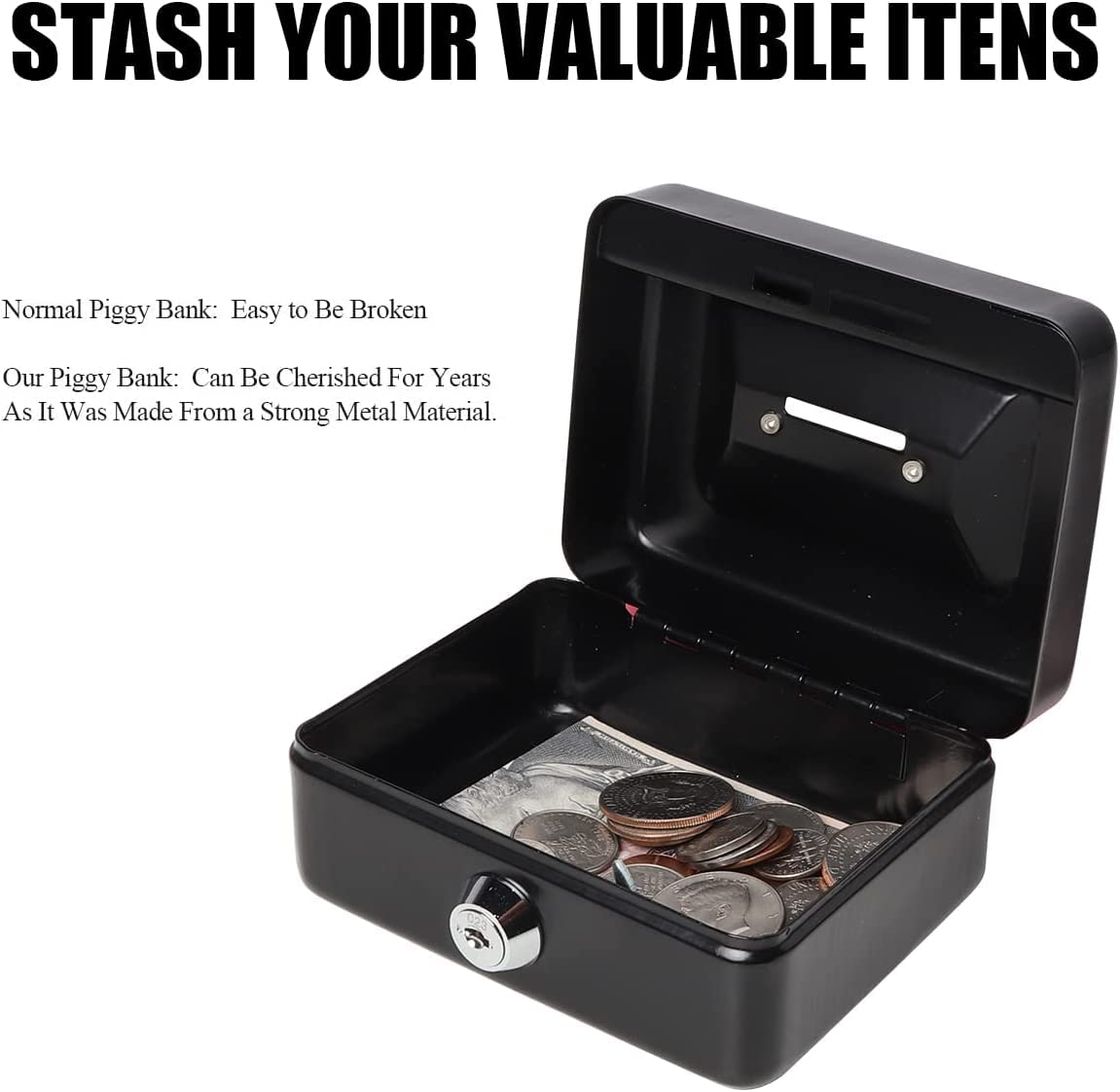 Portable Locking Small Cash Box For Money, Pocket Money Box With Key Lock, Money Slot, Double Layer 2 Keys For Security, Durable Cash Box With Tray, Colour - Black, Material - Alloy Steel
