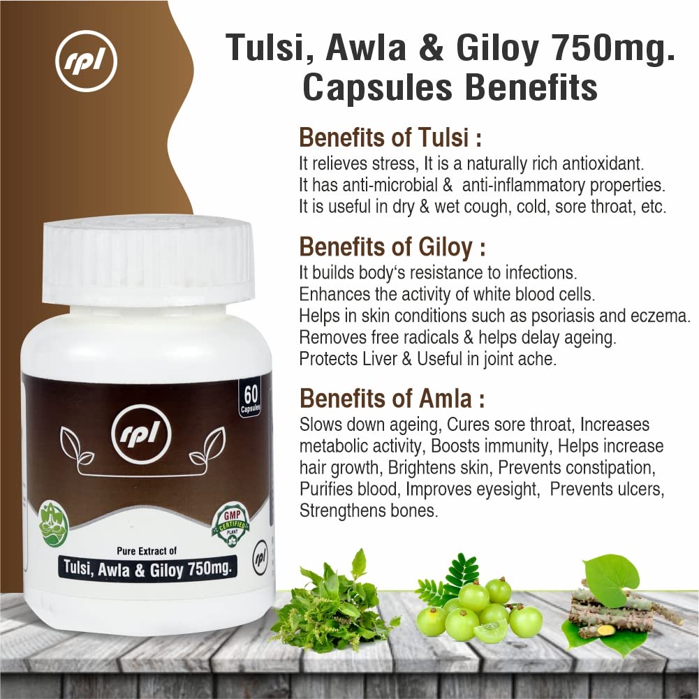 Rhone Private Limited Tulsi Awla Giloy Ayurvedic Immunity Wellness Capsules, Boost Immunity But Also Maintain Skin & Hair Health | 60 Capsules 100gm 0.2lbs