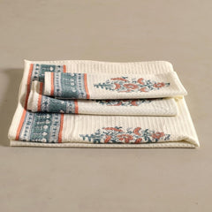 Peepul Tree Block Printed Hand & Bath Towels 240 Gsm | Super Absorbent Soft & Faster Drying, Floral Printed 100% Pure Cotton (Peach & Teal)- Pack Of 3