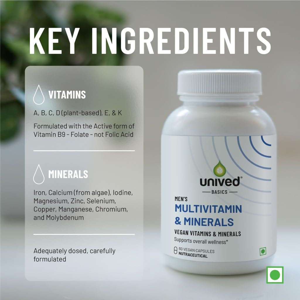 Unived Basics Multivitamin & Minerals Capsule For Men | 100% Rda Of All Vitamins With Algae Calcium & Plant Based Vitamin D3 Plus Important Minerals | 60 Vegan Capsules , 100gm 0.2lbs