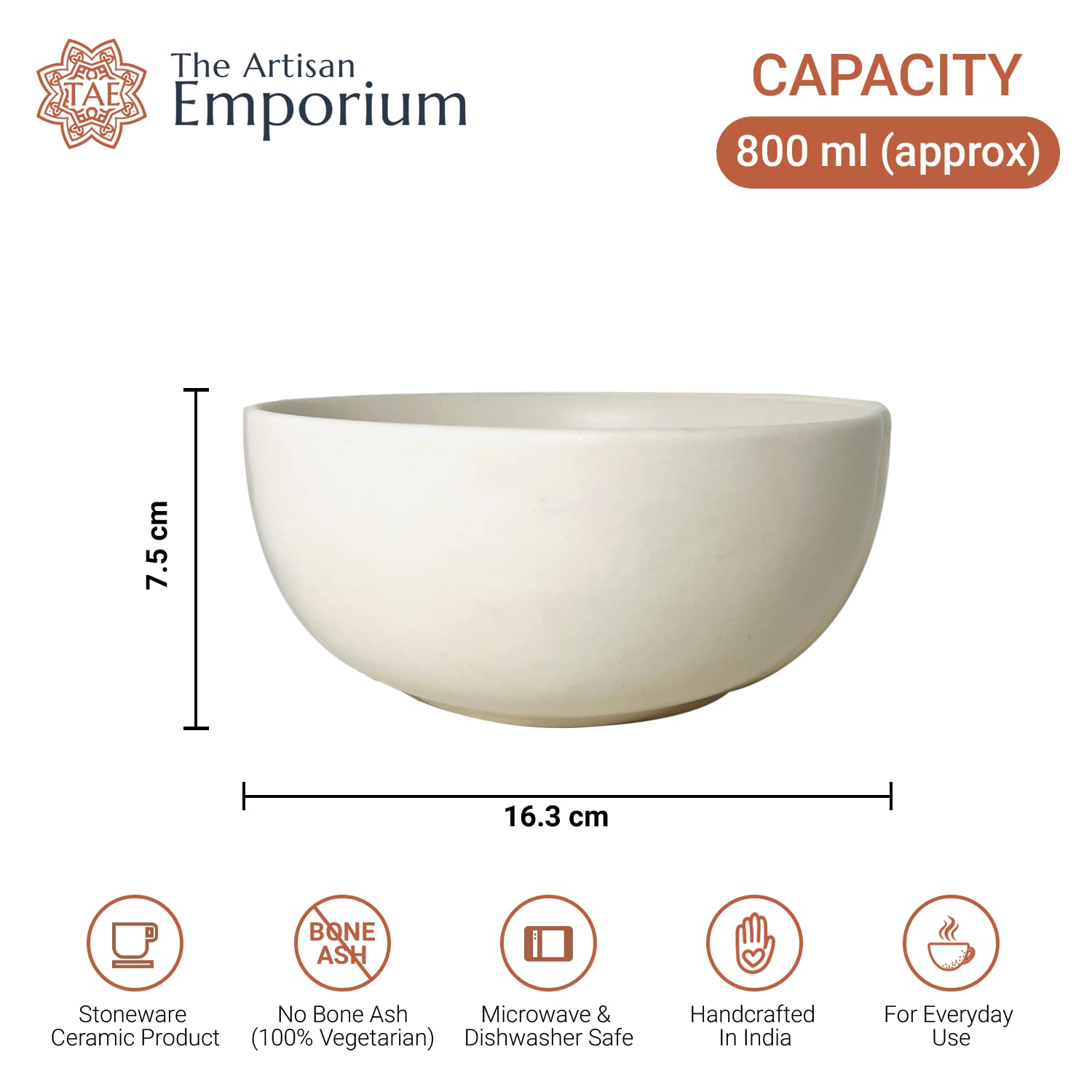 Subhra White Ceramic Serving Bowl Set Of 2 Pieces - 800ml Each | Handcrafted White Matte Finish Large Dining Serving Bowls For Serving | Microwave Safe & Dishwasher Safe