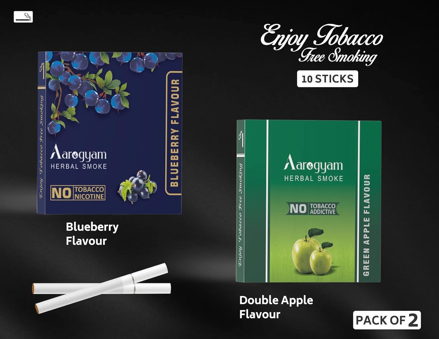 Aarogyam Herbals Pack Of 2 Flavours 100% Tobacco & Nicotine Free Cigarette For Relieve Stress & Mood Enhance Product Green Apple, Blueberry - 10 Sticks X 2 Packets
