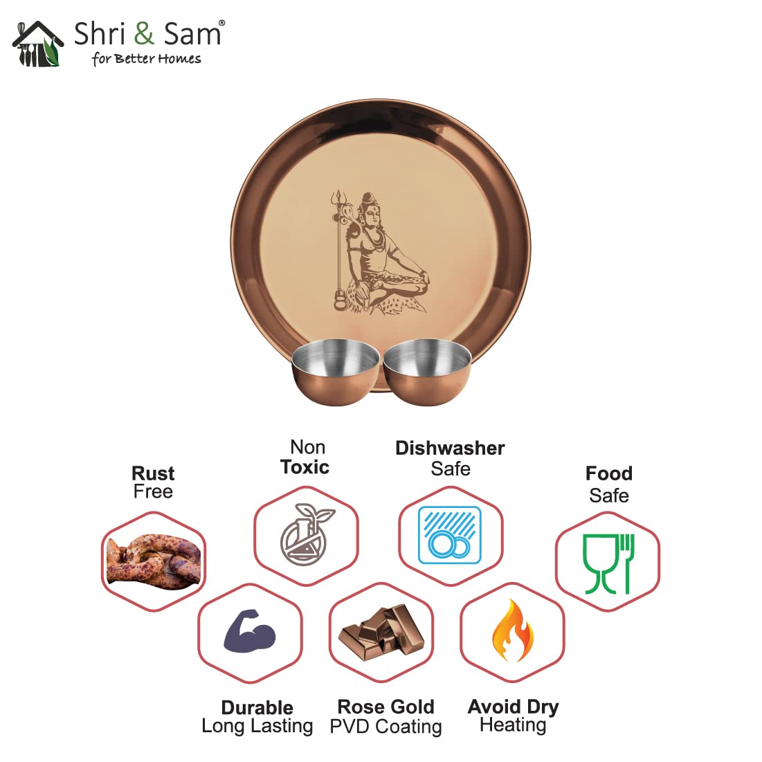 Stainless Steel Shiv Ji Pooja Thali Set Of 3, Rose Gold PVD Coating | 1 Pooja Thali+ 2 Katoris - Easy To Clean & Dishwasher Safe
