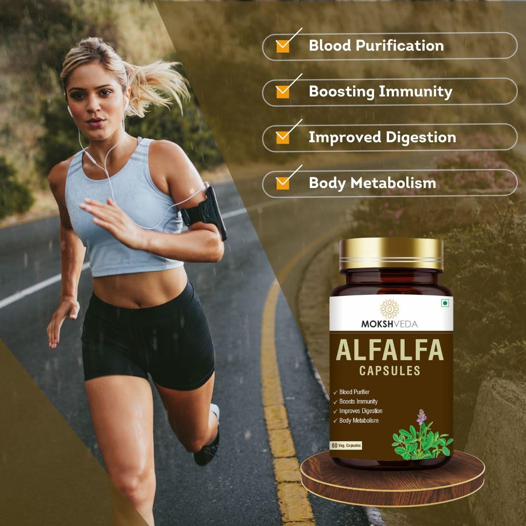 Mokshveda Alfalfa Capsule May Used For Bone & Joint Support Pain Relief, Immunity & Blood Purification | 60 Capsules, 100gm 0.2lbs