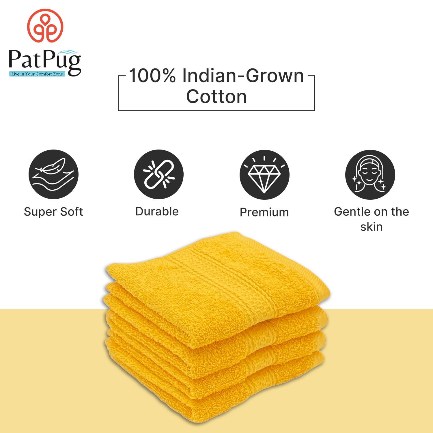 Patpug 100% Indian Ultra Soft Cotton Face Towel 500 Gsm | Napkin, Baby Face Towel, For Facewash, Gym, Travel, Hanky (Sunrise Yellow) | Pack Of 4
