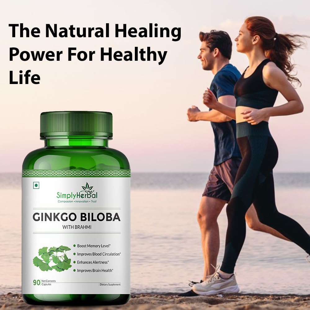 Simply Herbal Ginkgo Biloba 120mg With Bacopa Monnieri Extract Brahmi 380mg For Better Concentration, Improves Blood Circulation, Enhance Alertness, Memory & Learning | 90 Capsules 100gm 0.2lbs