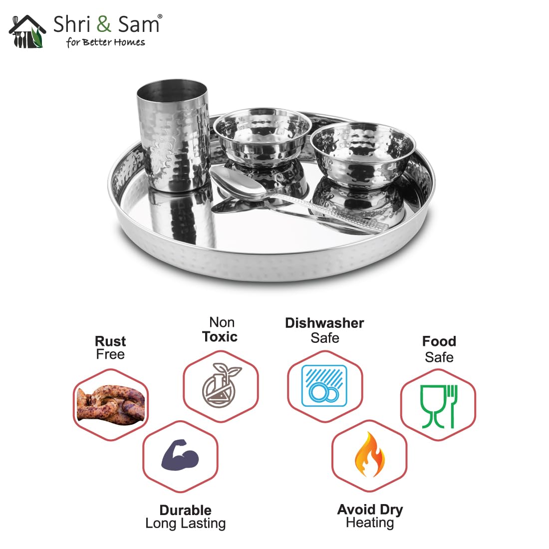 High Grade Stainless Steel Komcha Hammered Thali Set Of 5 Pieces, Mirror Finish | 1 Thali+ 2 Bowls+ 1 Glass+ 1 Dessert Spoon - Easy To Clean & Dishwasher Safe