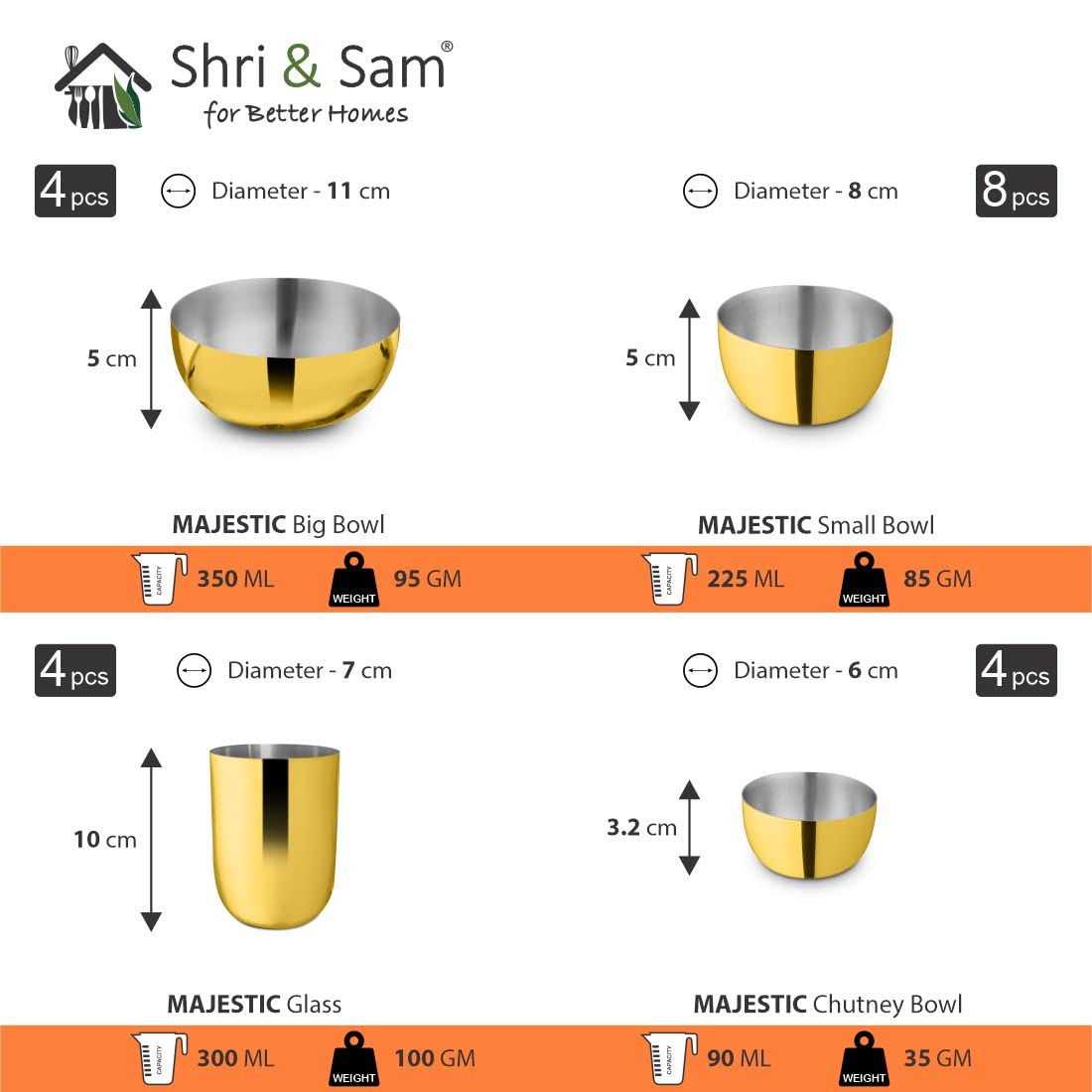 Golden Stainless Steel Solid Dinner Set Of 60 Pcs | Rust Free, Easy To Clean & Dishwasher Safe