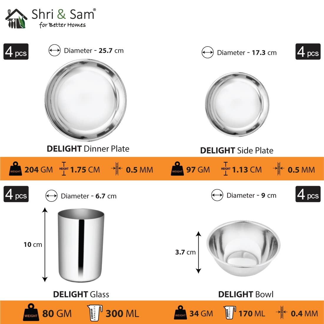 Stainless Steel Delight Solid Dinner Set Of 46 Pieces, Silver | Easy To Clean & Dishwasher Safe