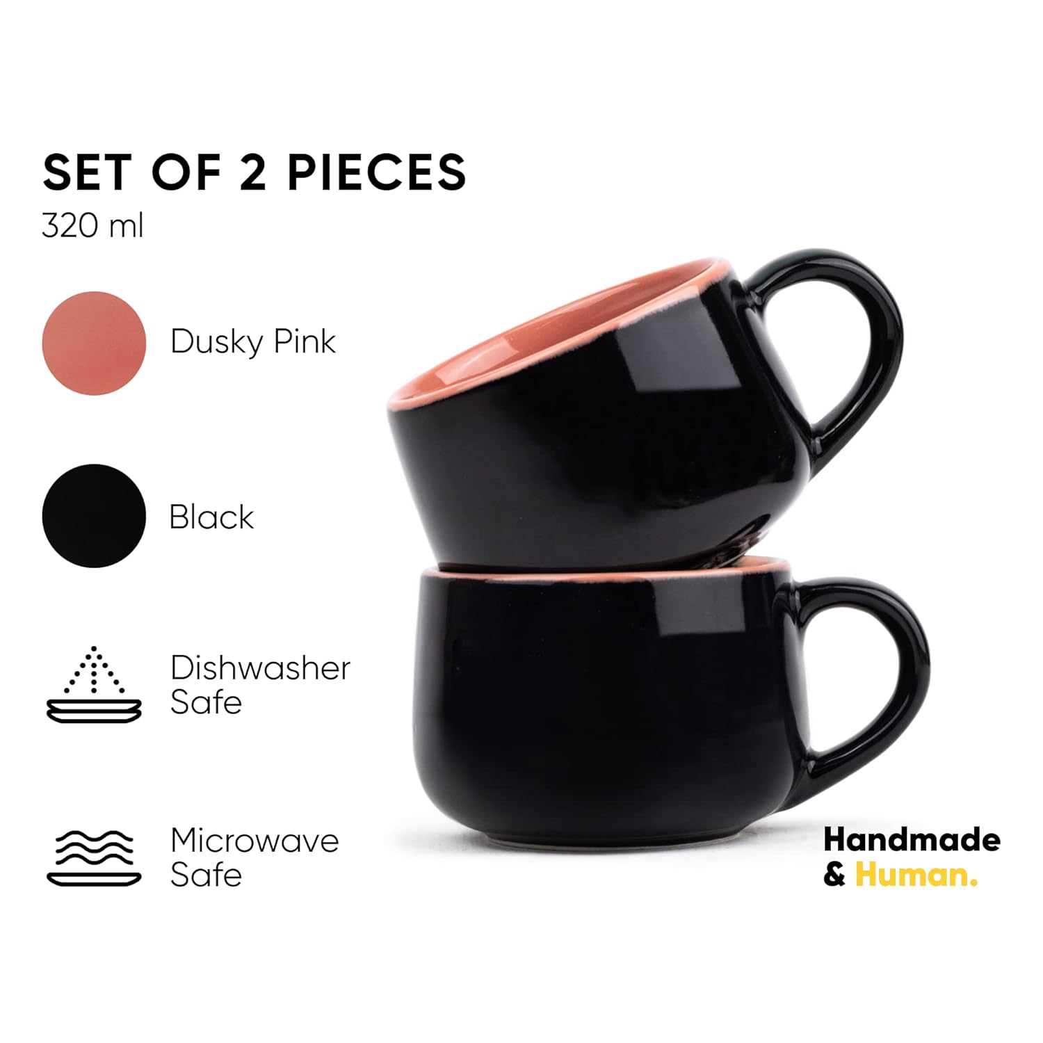 Ceramic Medium Cup Set Of 2 - Black & Pink, 320ml Each | Cup Set Of 2 For Coffee & Tea With Glossy Finish - Premium Stoneware Ceramic Cup | Microwave Safe & Dishwasher Safe