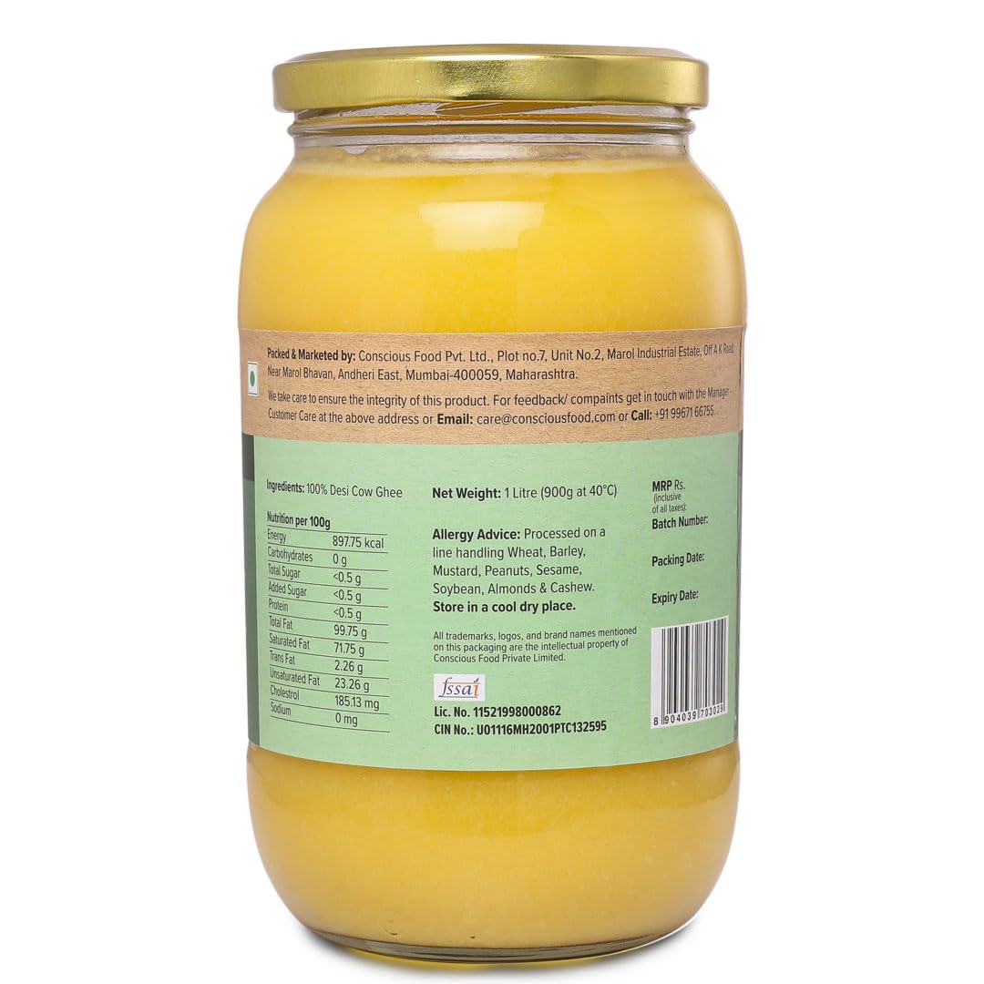 Organic A2 Desi Cow Ghee By Conscious Food | Good Source Of Protein Fiber & Vitamin A Healthy Desi Cow Ghee Perfect For Cooking, Baking | (1 Litr) 33.8 Ounce | Jar Pack