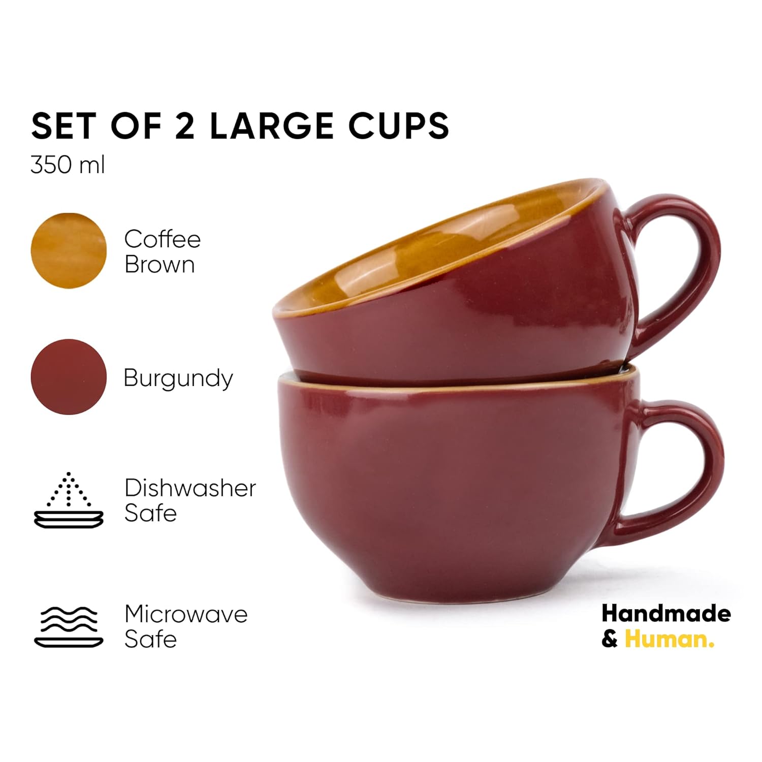 Large Ceramic Coffee Cup Set Of 2 - Burgundy, 350ml Each | Cappuccino Cup With Glossy Finish - Large Ceramic Coffee Cup | Premium Stoneware Coffee Cup | Microwave Safe - XL Cuppa